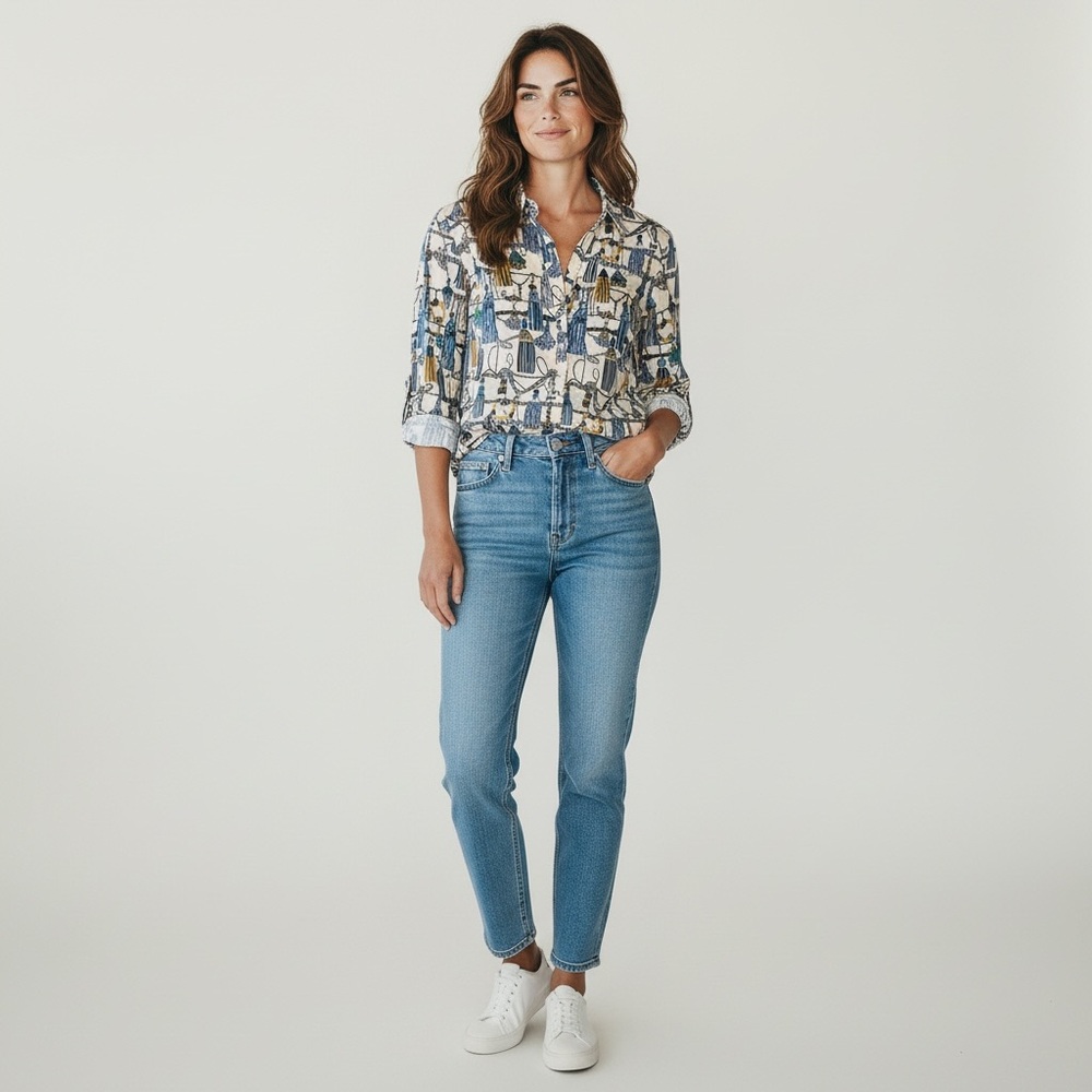 Tommy Hilfiger Blue & Gold Tassel Pattern Button Long Sleeve Up Shirt Old Money - Picture 3 of 12